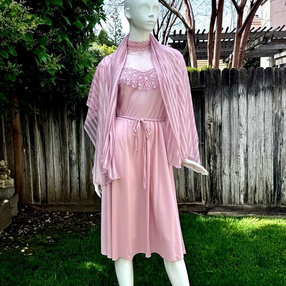 Vintage Pale Pink High Neck Romantic Lace With Scarf Women's 11 / 12 *READ* - Picture 1 of 16